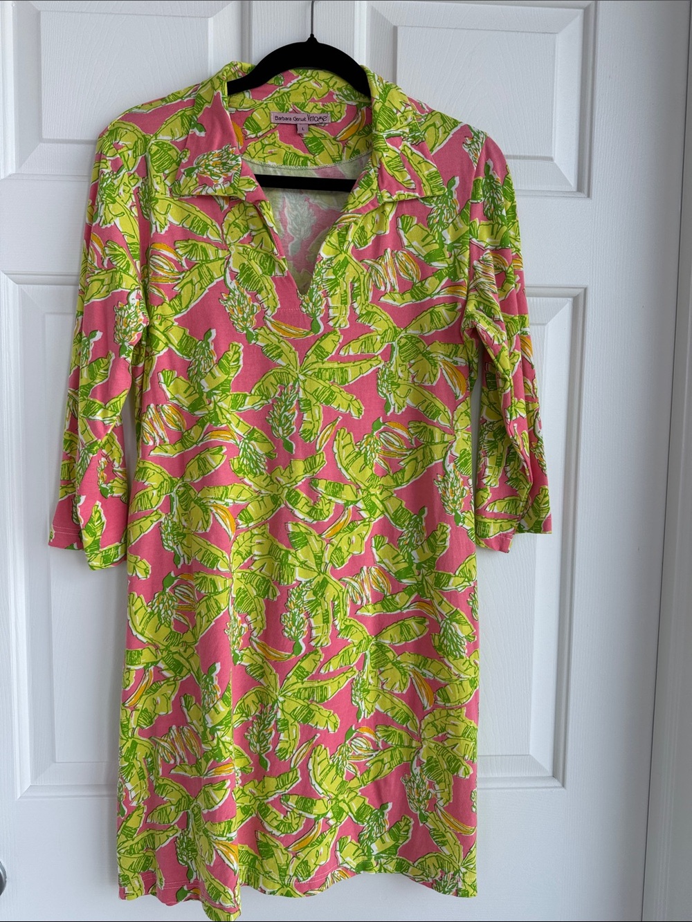 Women's Pink & Lime Leaf Print Mini Dress - Split V Collar